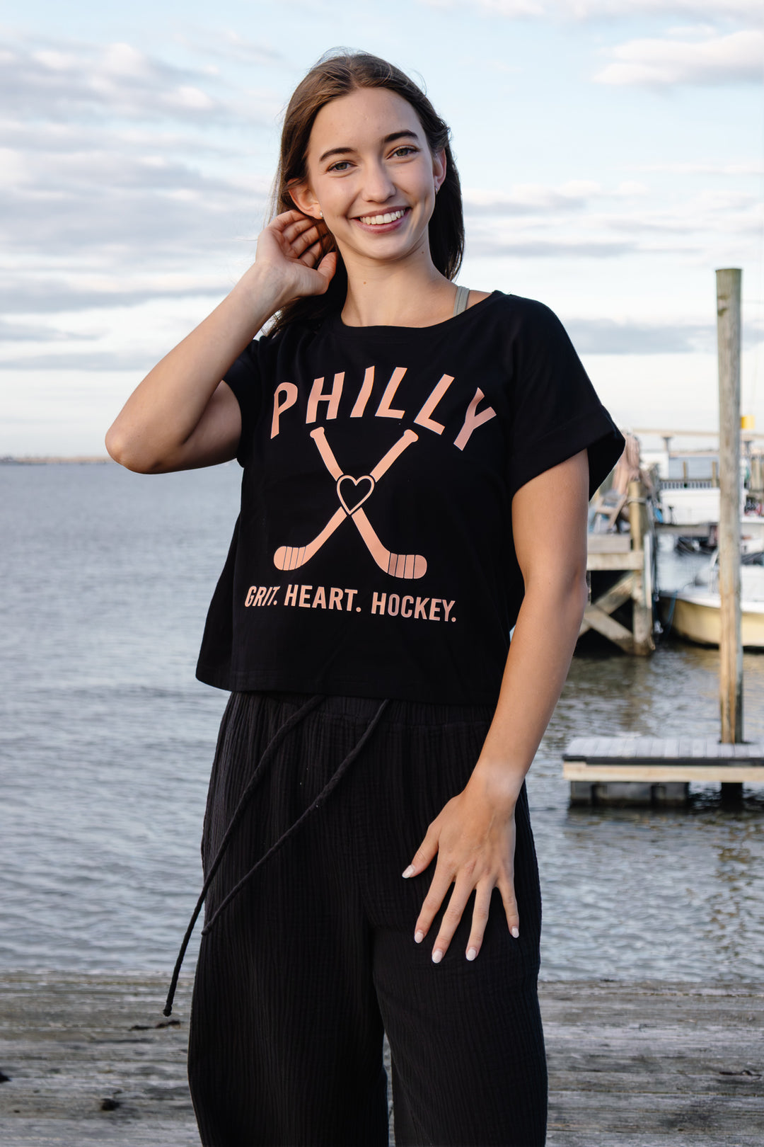 Philly Hockey Black Heart Pucks Boxy Cropped Tee
