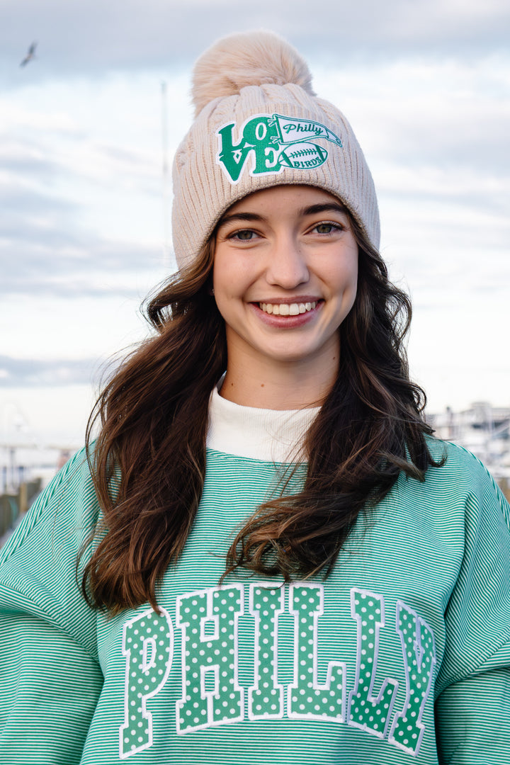 Philly Football Multi Patch Knit Tan Pom Pom Hat