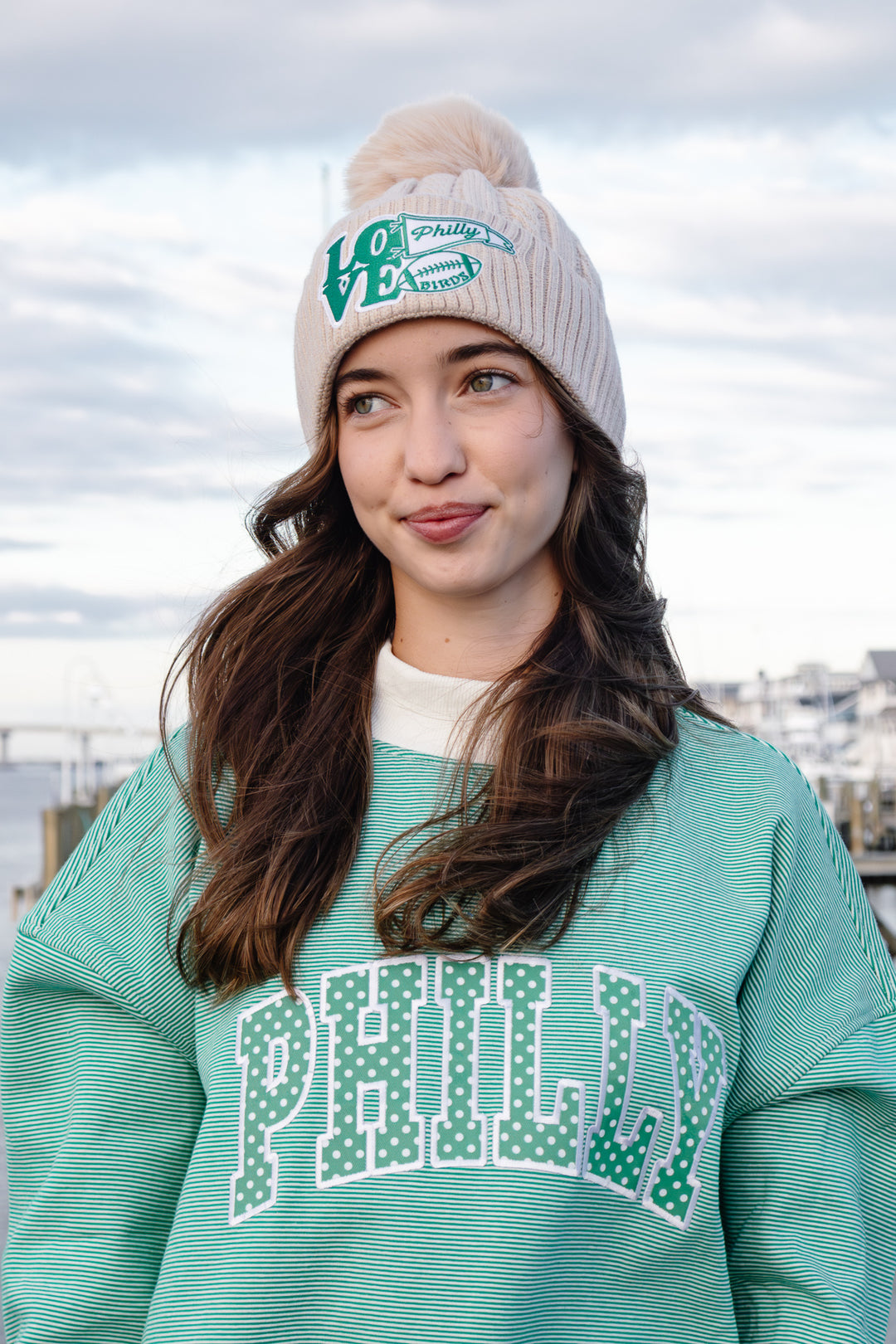 Philly Football Multi Patch Knit Tan Pom Pom Hat