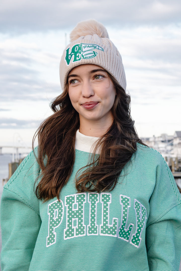 Philly Football Multi Patch Knit Tan Pom Pom Hat