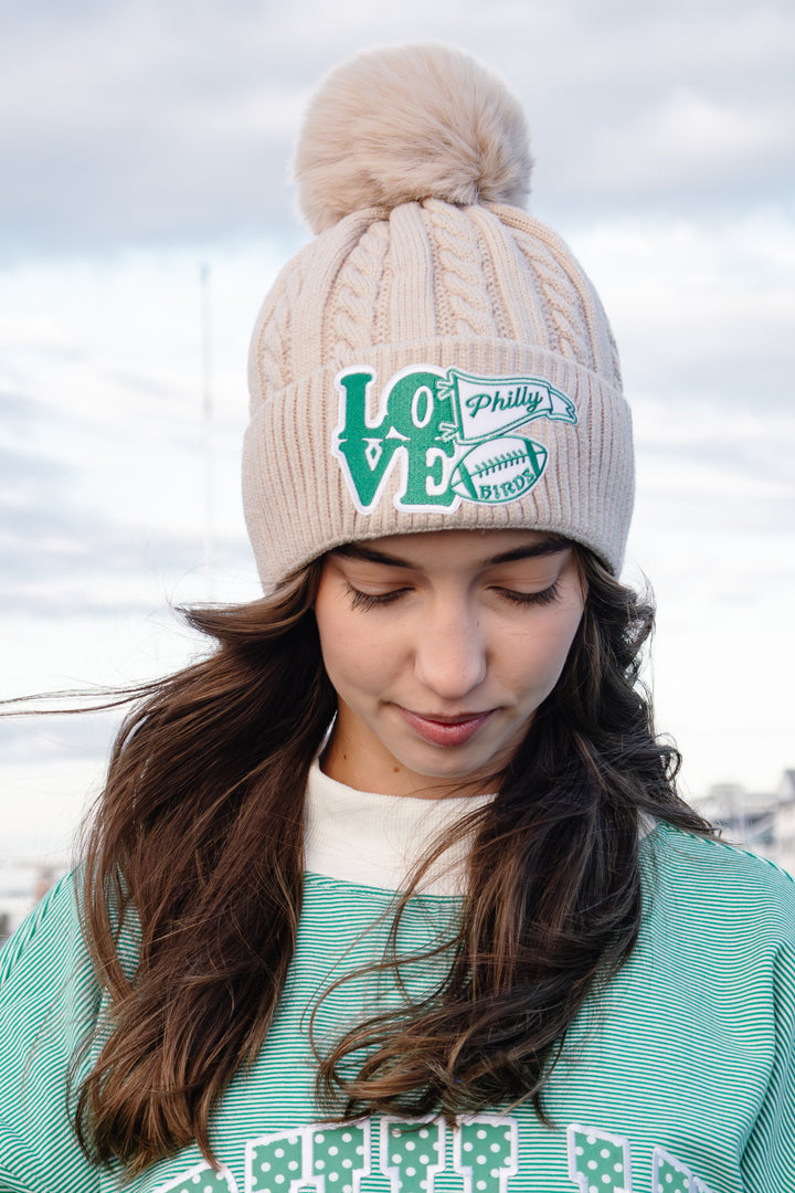 Philly Football Multi Patch Knit Tan Pom Pom Hat