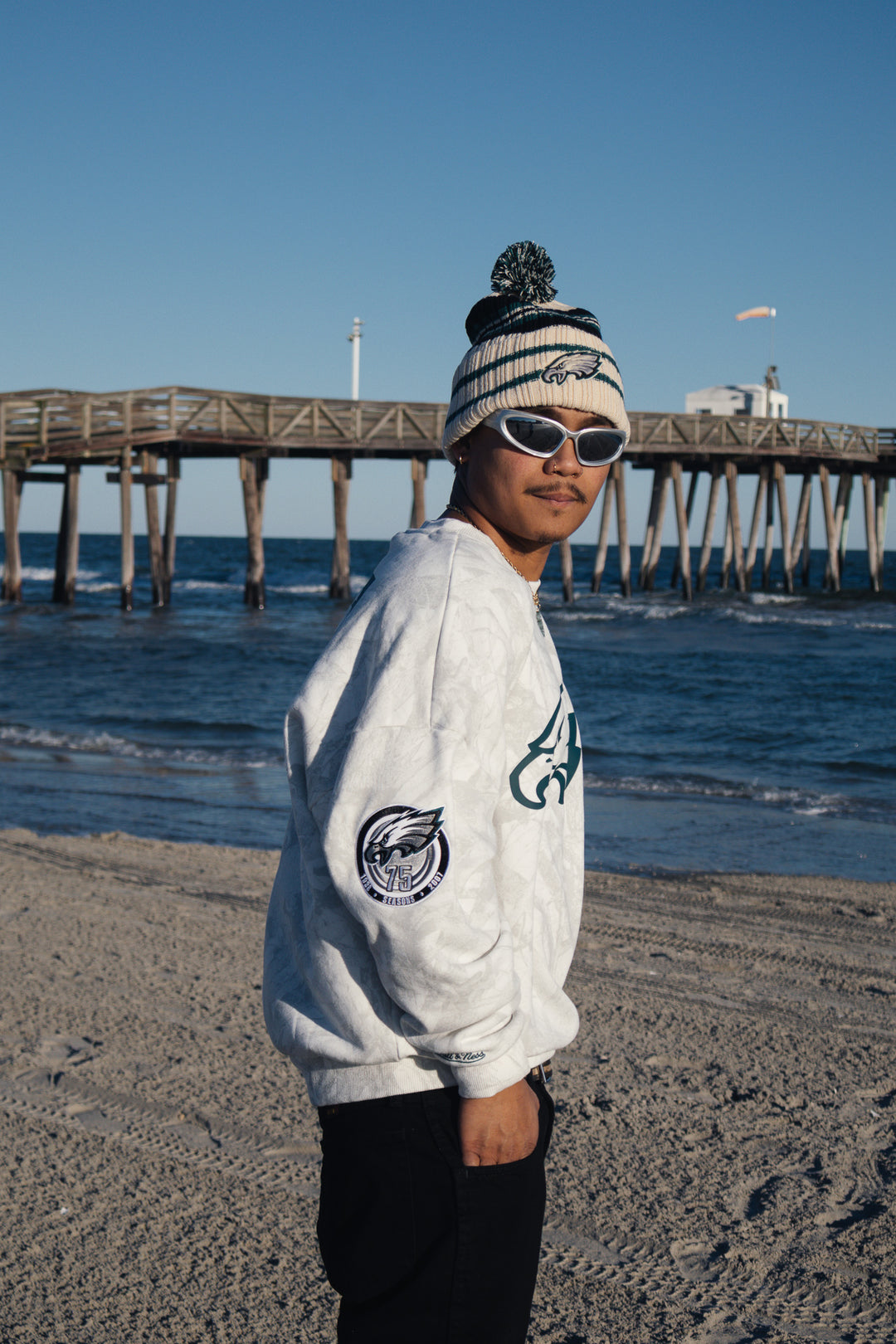 Philadelphia Eagles White Ghosted Mock Neck Fleece Sweatshirt