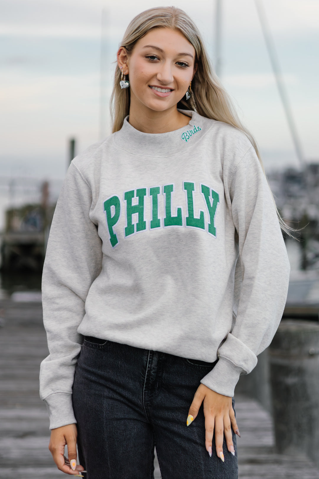 Philly Football Light Heather Grey Birds Patch Mock Neck Sweatshirt