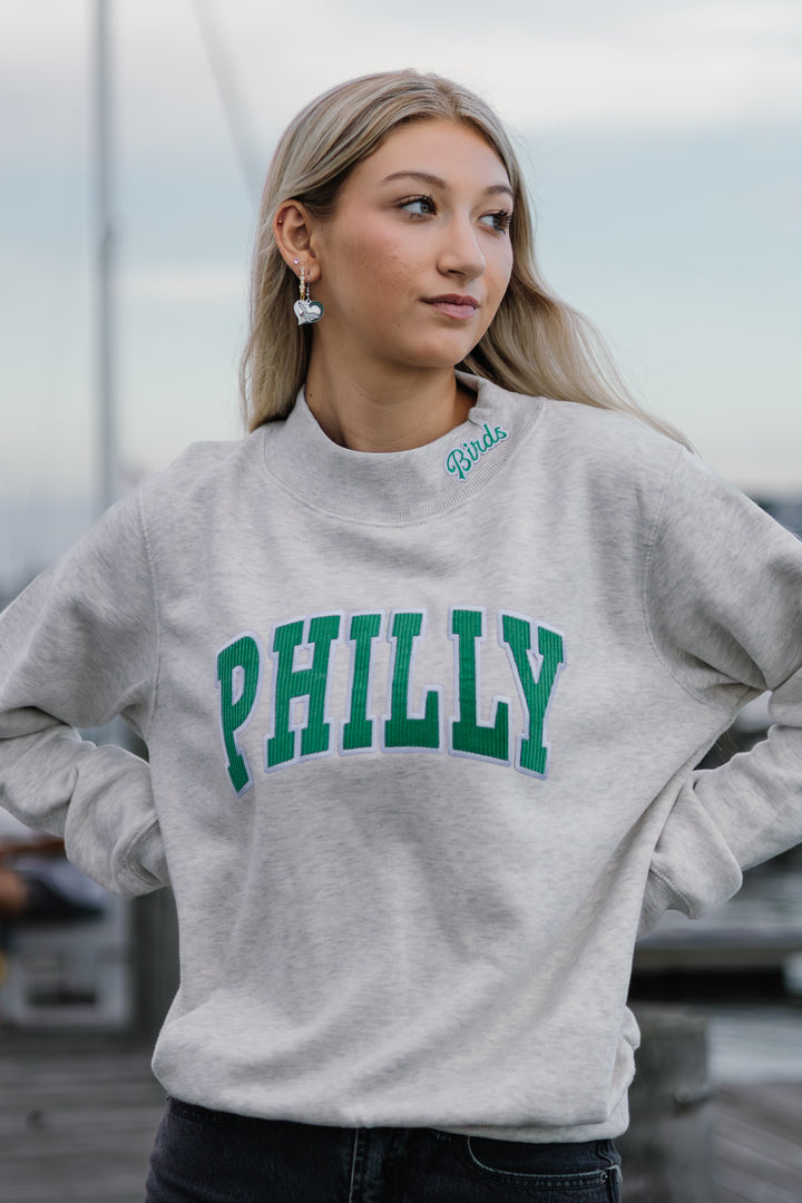 Philly Football Light Heather Grey Birds Patch Mock Neck Sweatshirt