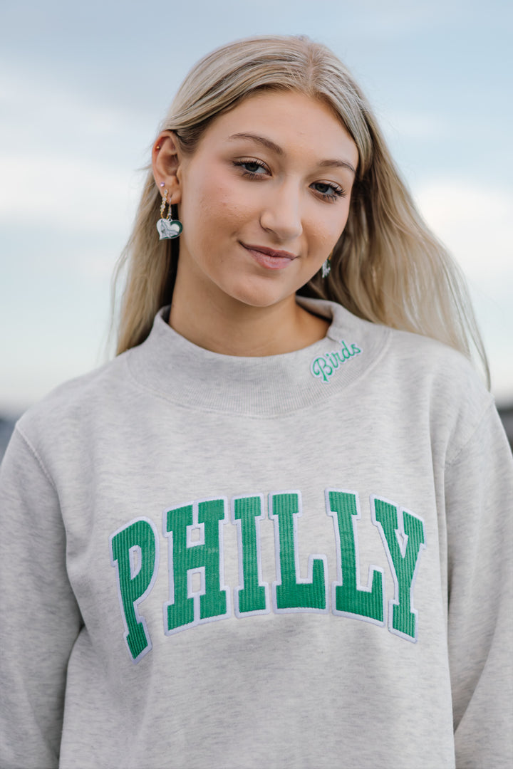 Philly Football Light Heather Grey Birds Patch Mock Neck Sweatshirt