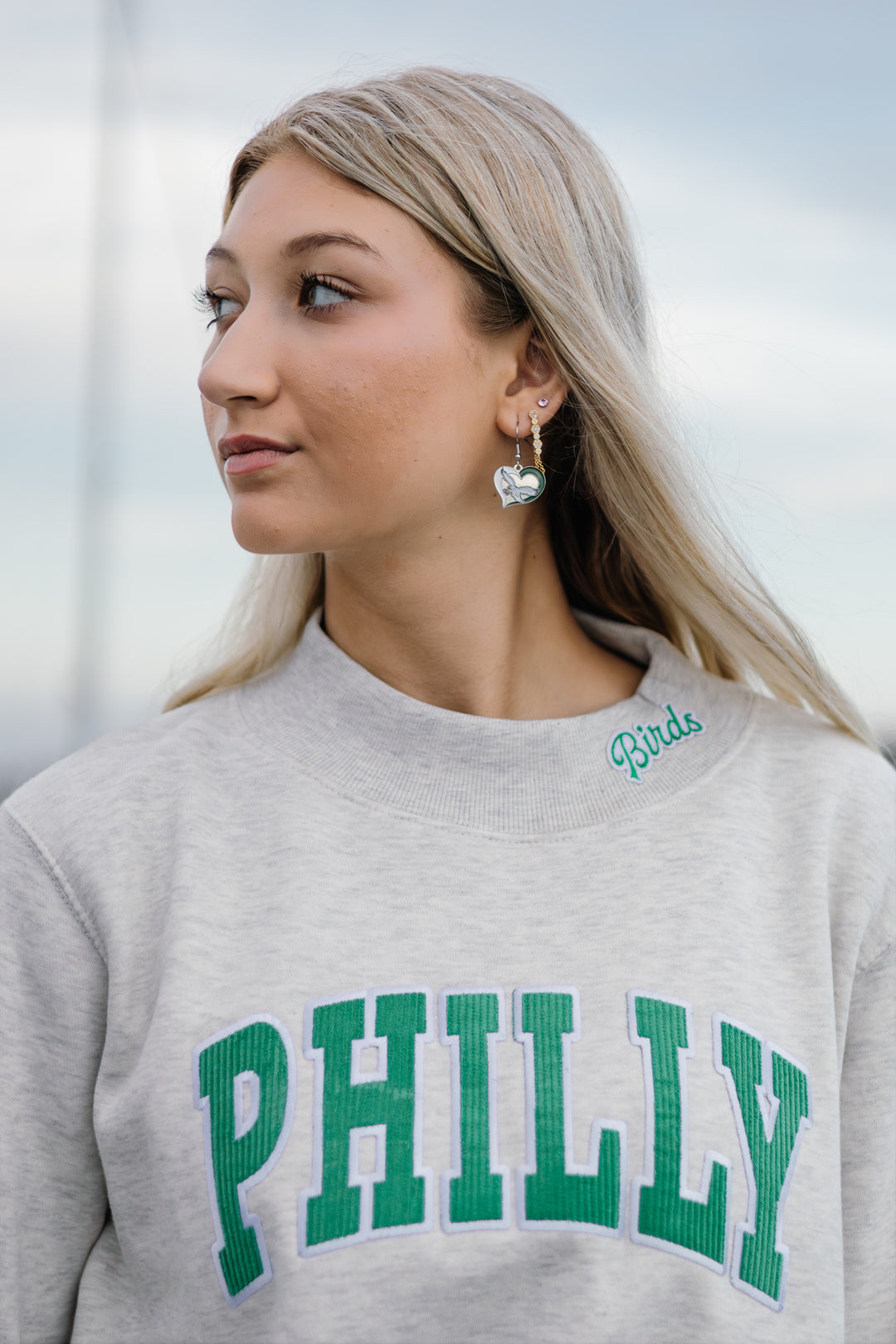 Philly Football Light Heather Grey Birds Patch Mock Neck Sweatshirt