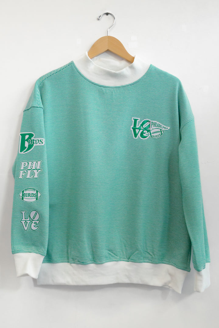 Philly Football Multi Patch Striped Mock Neck Sweatshirt