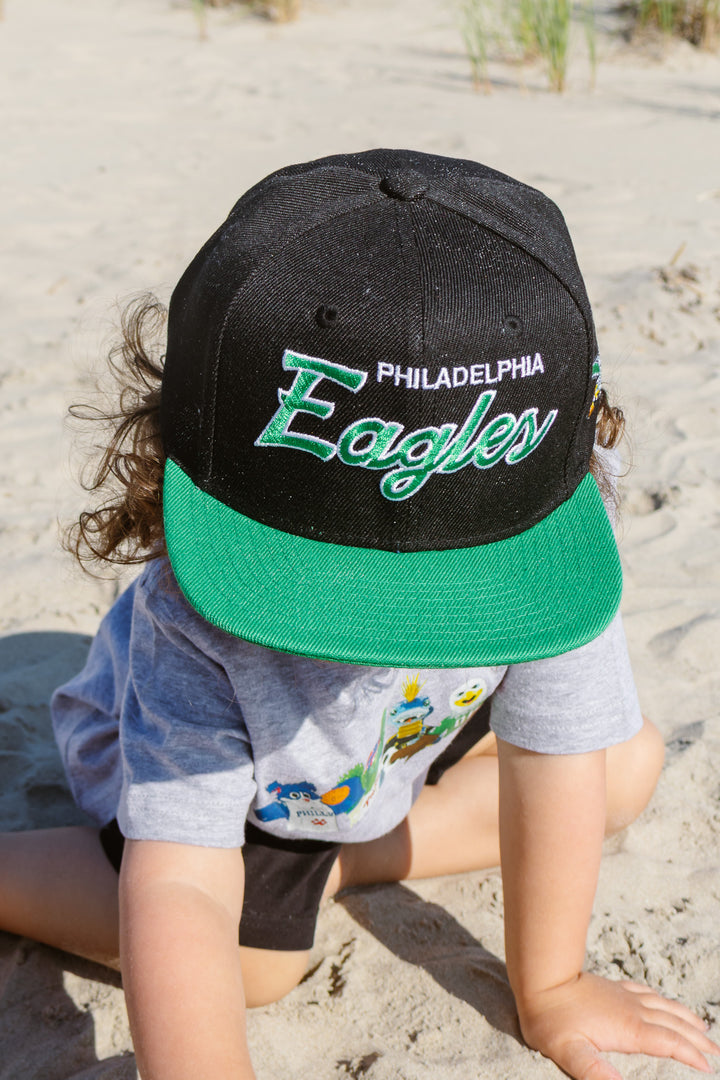 Youth Black Philadelphia Eagles Script Snapback Hat