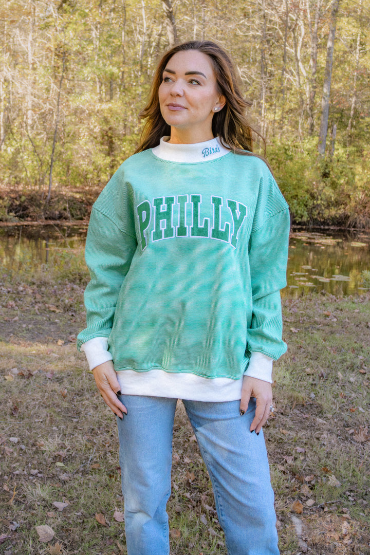Philly Football Cord Patch w/ Birds Striped Mock Neck Sweatshirt