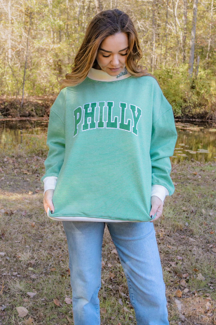 Philly Football Cord Patch w/ Birds Striped Mock Neck Sweatshirt