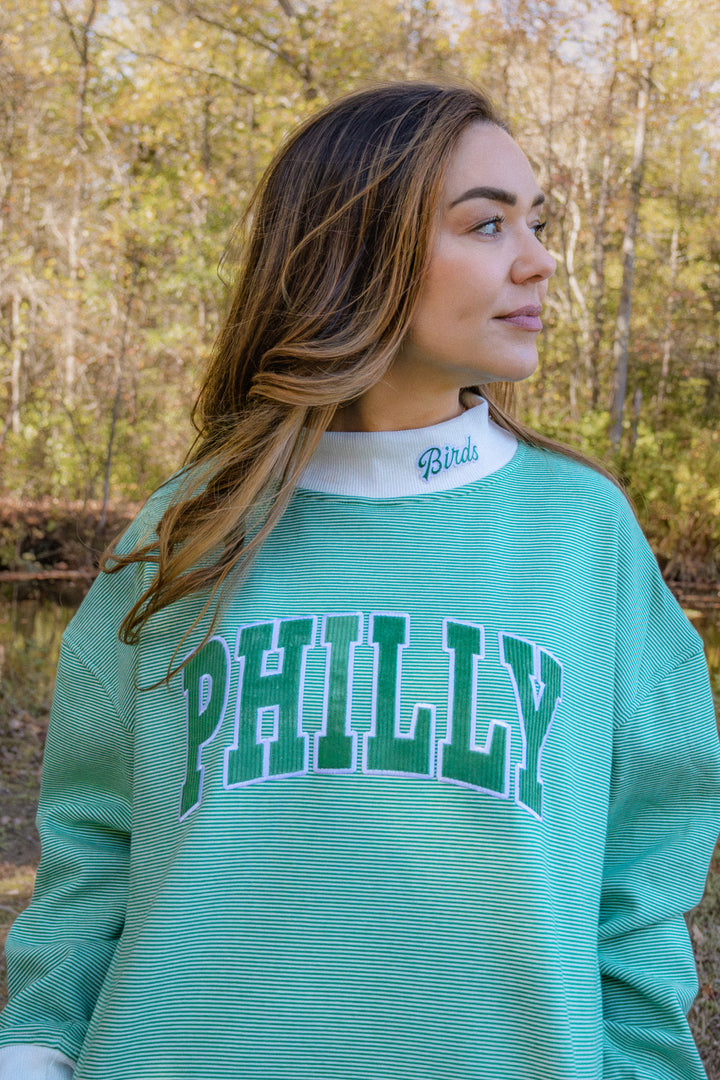 Philly Football Cord Patch w/ Birds Striped Mock Neck Sweatshirt