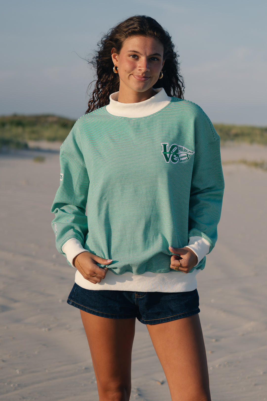 Philly Football Multi Patch Striped Mock Neck Sweatshirt