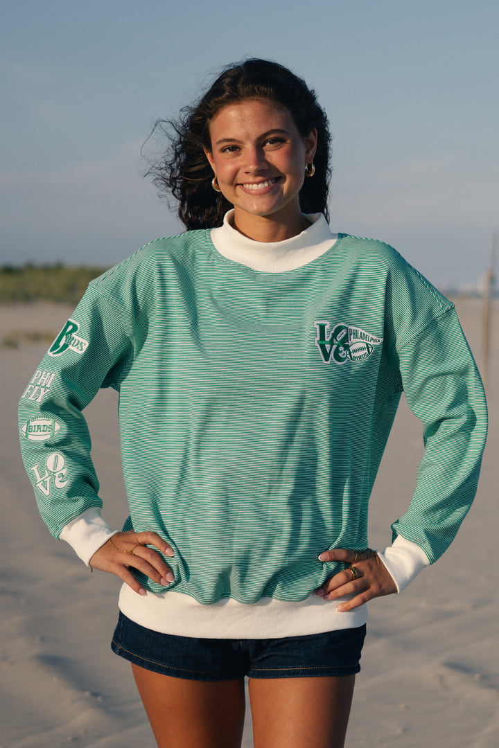 Philly Football Multi Patch Striped Mock Neck Sweatshirt