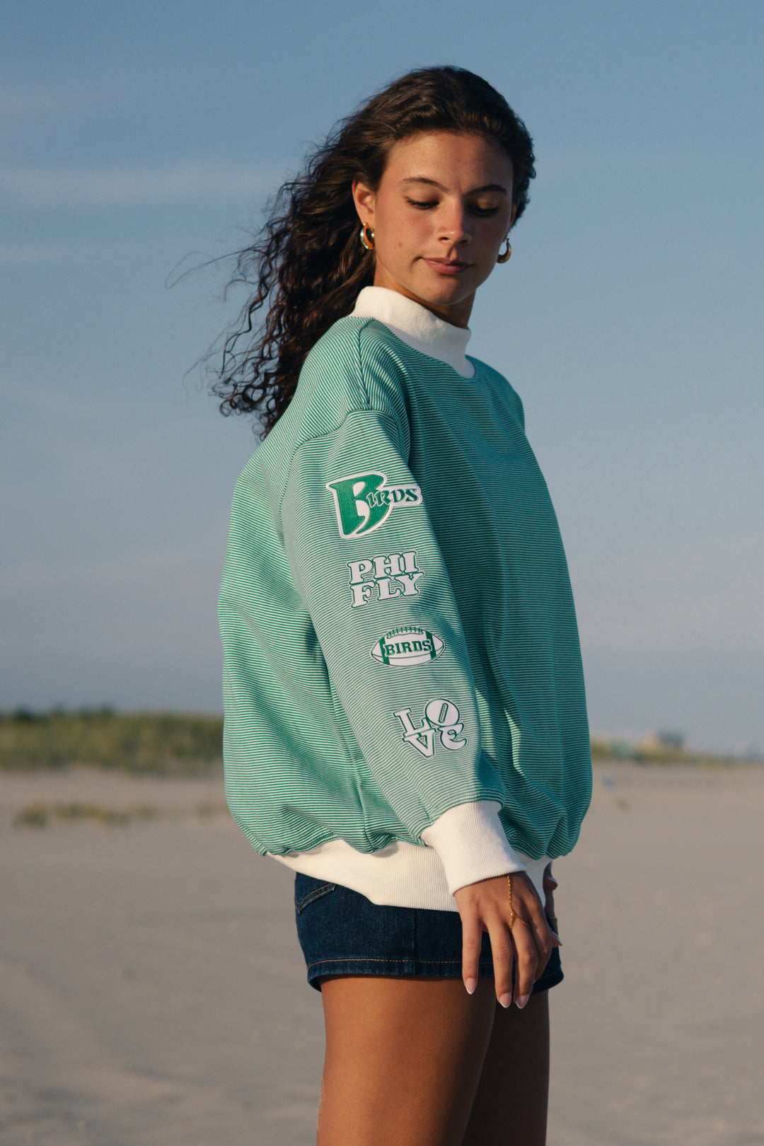 Philly Football Multi Patch Striped Mock Neck Sweatshirt