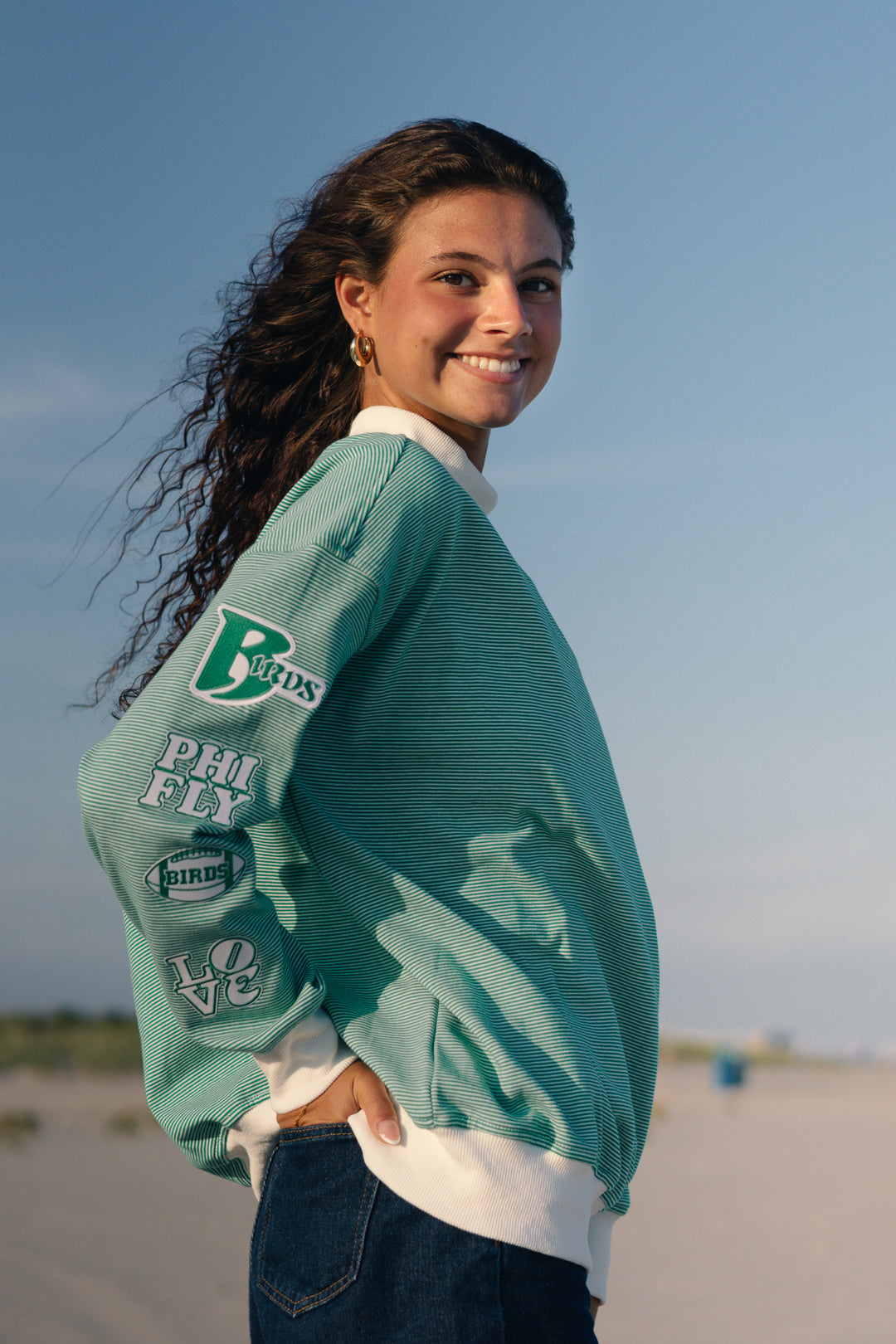 Philly Football Multi Patch Striped Mock Neck Sweatshirt