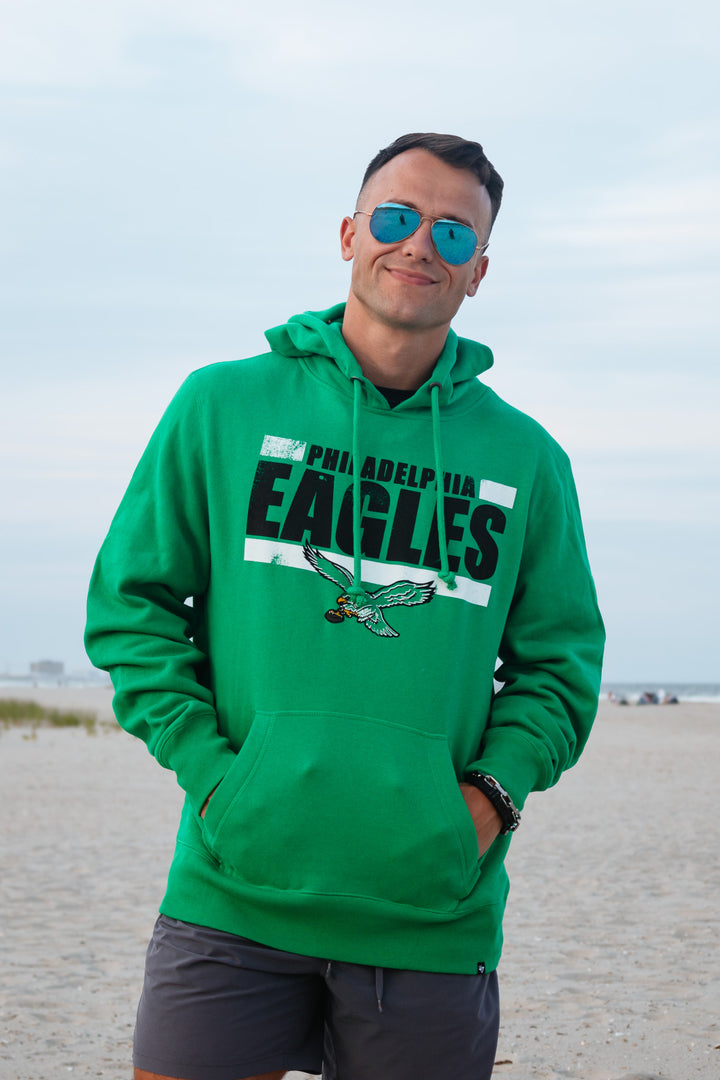 Philadelphia Eagles Kelly Green Back Line Headline Retro Logo Long Sleeve Hoodie