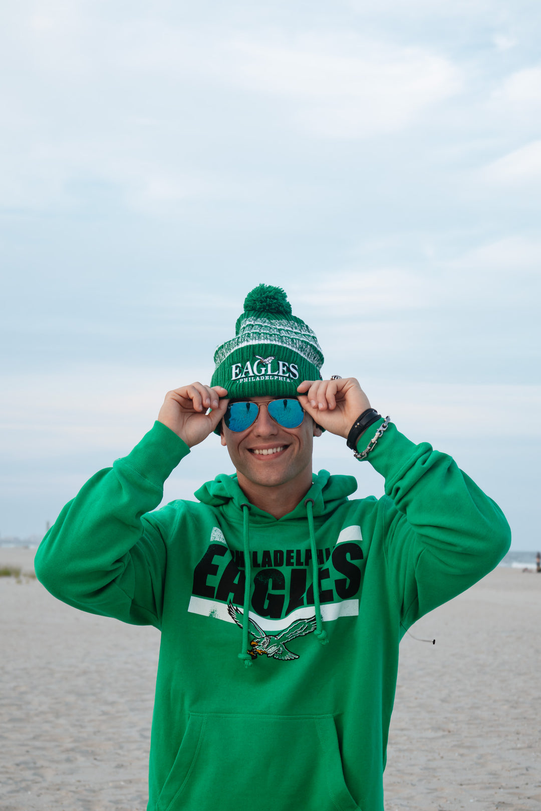 Philadelphia Eagles Kelly Green Back Line Headline Retro Logo Long Sleeve Hoodie