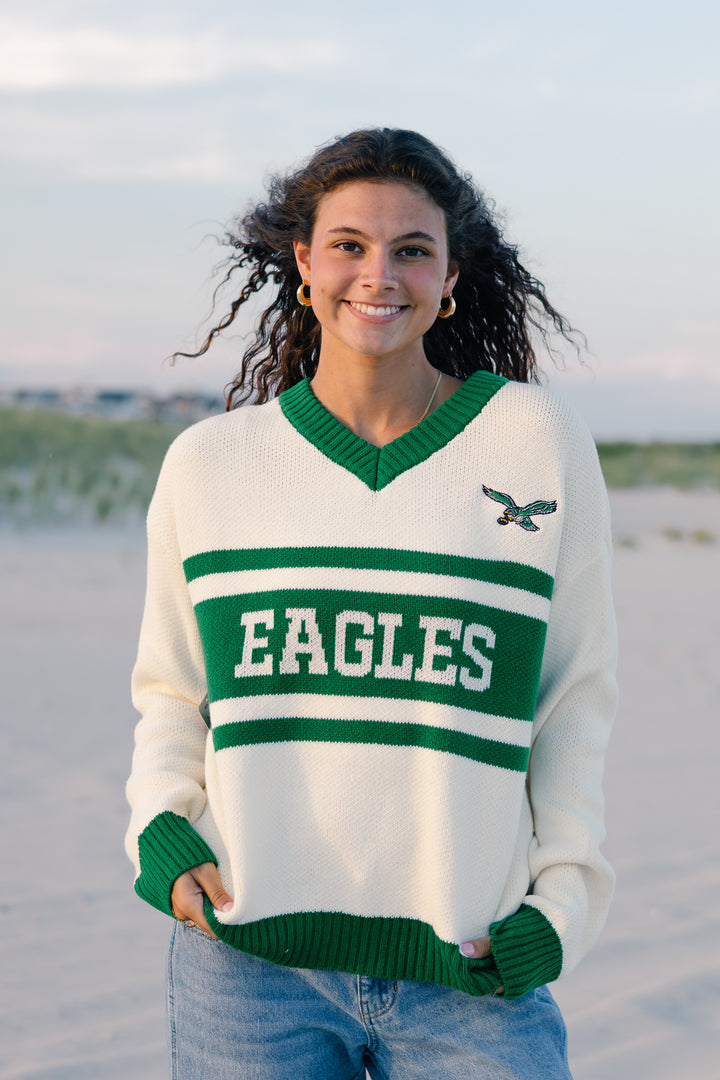 Philadelphia Eagles Cream/Kelly Green Retro Roots V-Neck Sweater