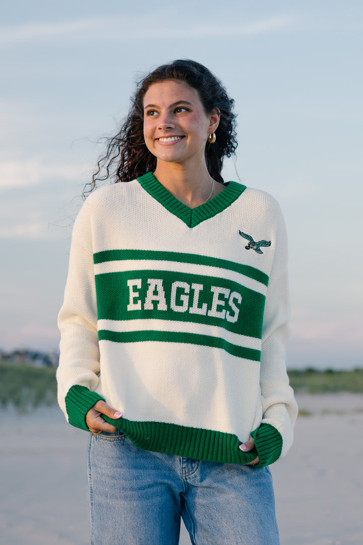 Philadelphia Eagles Cream/Kelly Green Retro Roots V-Neck Sweater