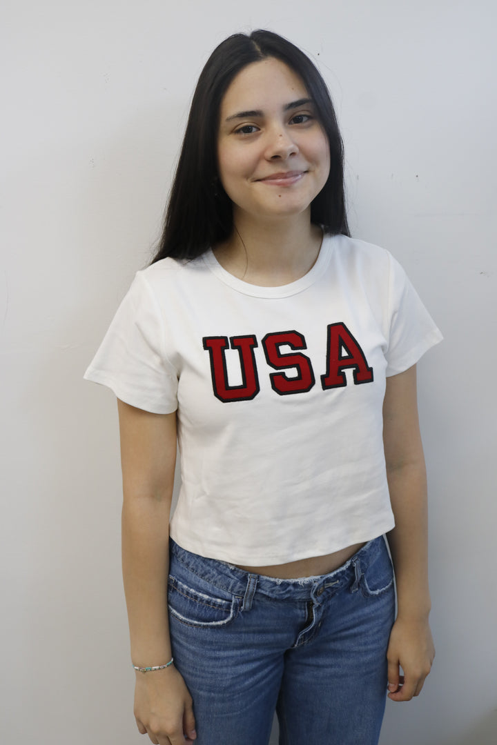 USA White Embroidered Baby Tee