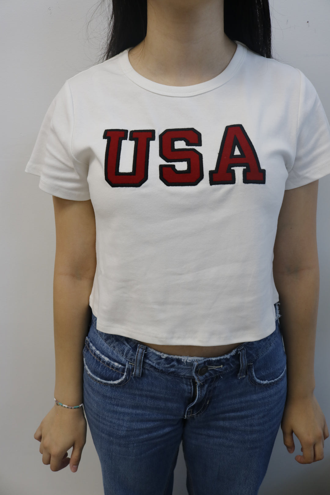 USA White Embroidered Baby Tee