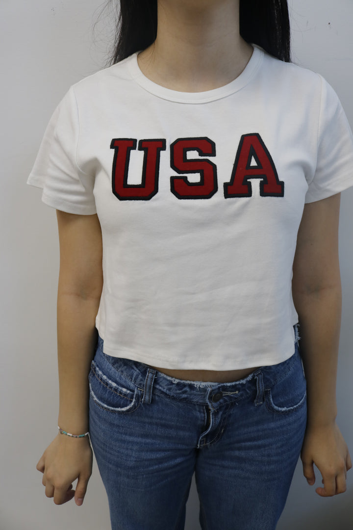 USA White Embroidered Baby Tee