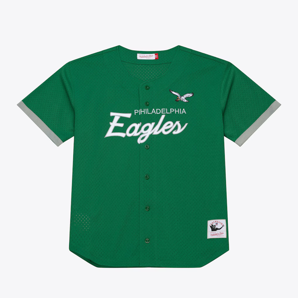 A green Philadelphia Eagles baseball jersey with white lettering and gray sleeve trim, shown flat against a light gray background.