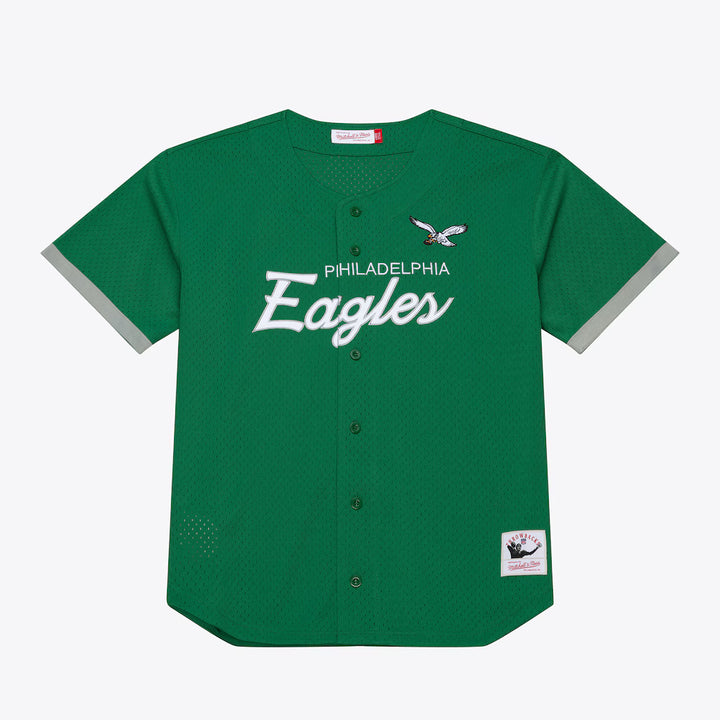 A green Philadelphia Eagles baseball jersey with white lettering and gray sleeve trim, shown flat against a light gray background.